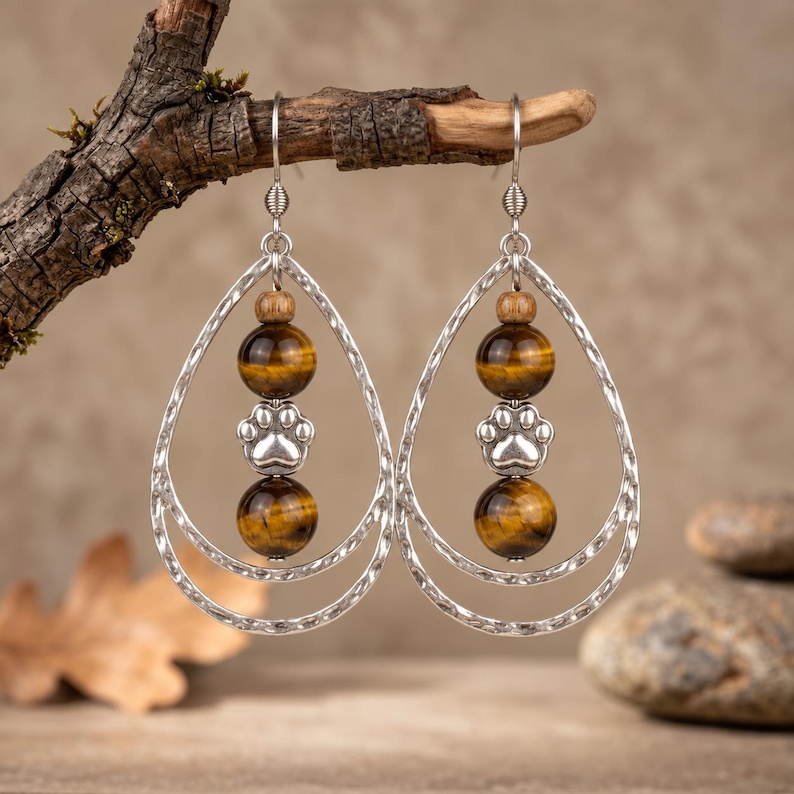 Dog/Cat Paw Tiger's eye Hammered Teardrop Hook Earrings, Silver - - LadybugfeetDesigns -