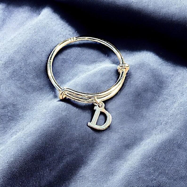 Sterling Silver Initial Charm Ring/Gift for her/Sterling Silver Mini Bangle - - LadybugfeetDesigns -