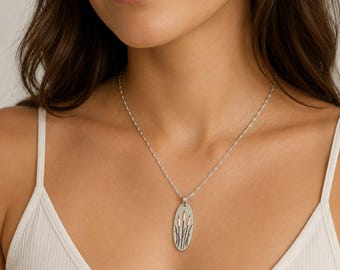 Cattail/Foxtail Pendant Necklace, Silver - 24 inches
