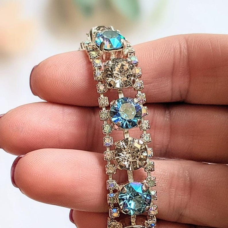 Blue Multi Faceted Crystal Rhinestone Bracelet-Bridal Jewelry-Child Size - - LadybugfeetDesigns -