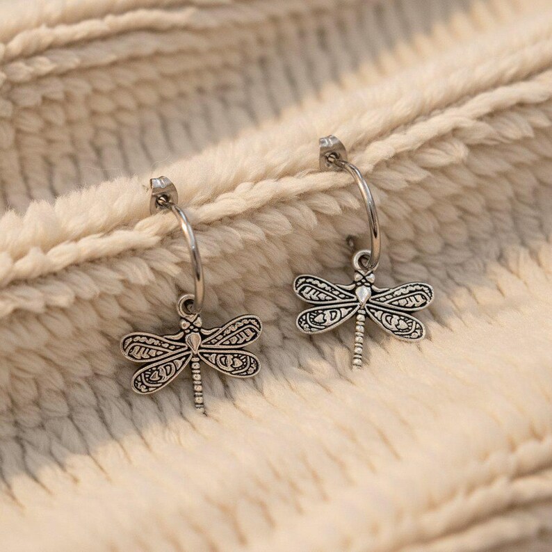 Dragonfly Hoop Earrings, Silver - 16mm - - LadybugfeetDesigns -