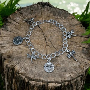 Silver Dragonfly Charm Bracelet - - LadybugfeetDesigns -