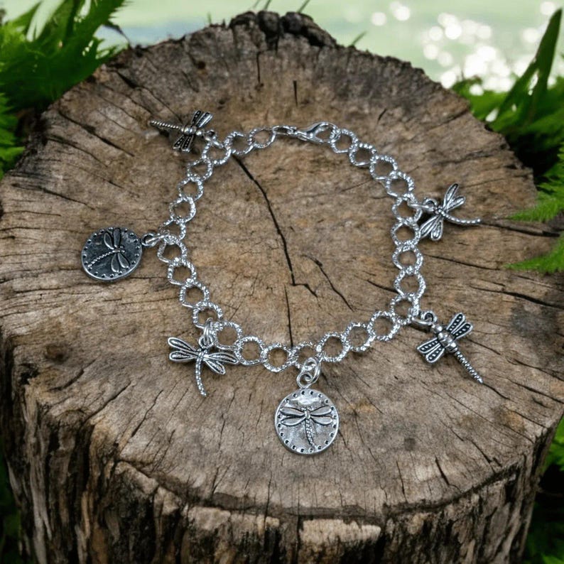 Silver Dragonfly Charm Bracelet - - LadybugfeetDesigns -