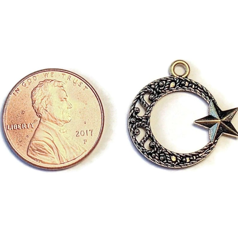 Large Gold Filigree Crescent Moon & Star Charm Pendant - - LadybugfeetDesigns -
