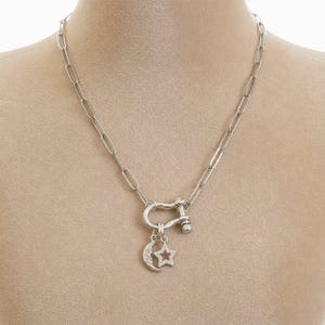 Celestial Moon CZ Star Shackle Clasp Carabiner Necklace, Silver - 20 inch - - LadybugfeetDesigns -