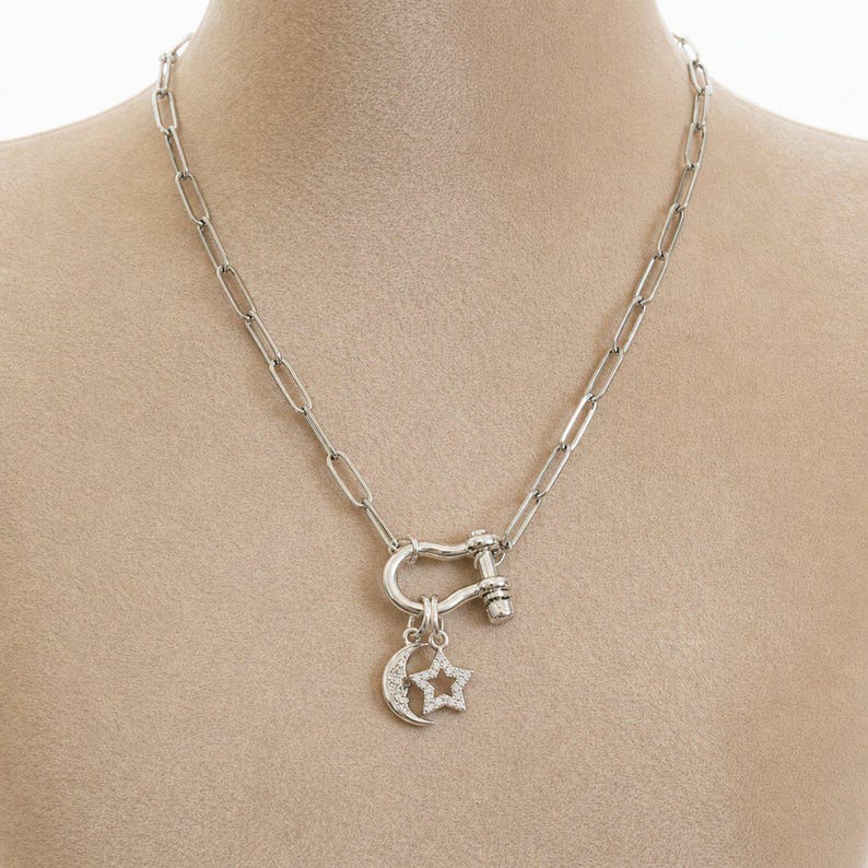Celestial Moon CZ Star Shackle Clasp Carabiner Necklace, Silver - 20 inch - - LadybugfeetDesigns -