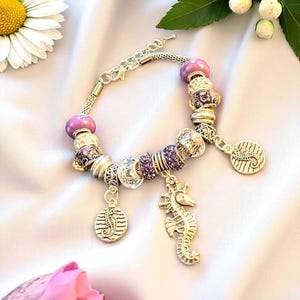 Seahorse European beaded bracelet, Silver - - LadybugfeetDesigns -