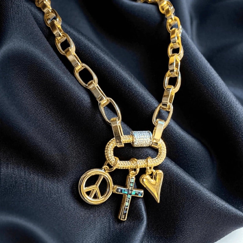 Peace & Love Carabiner Necklace, Gold - Adjusts up to 20 inches - - LadybugfeetDesigns -