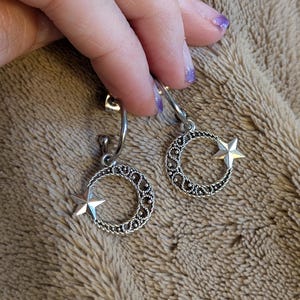 Fancy Crescent Moon Star Hoop Earrings, Silver - 16mm - - LadybugfeetDesigns -