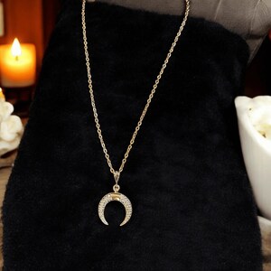 Downward Crescent Moon Necklace, Crescent Horn Necklace, Gold - - LadybugfeetDesigns -