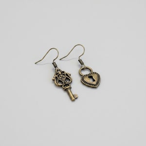 Key/Lock hook earrings, Antique Bronze - - LadybugfeetDesigns -