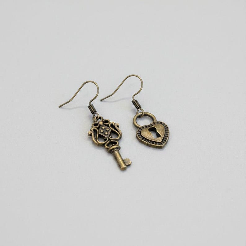 Key/Lock hook earrings, Antique Bronze - - LadybugfeetDesigns -
