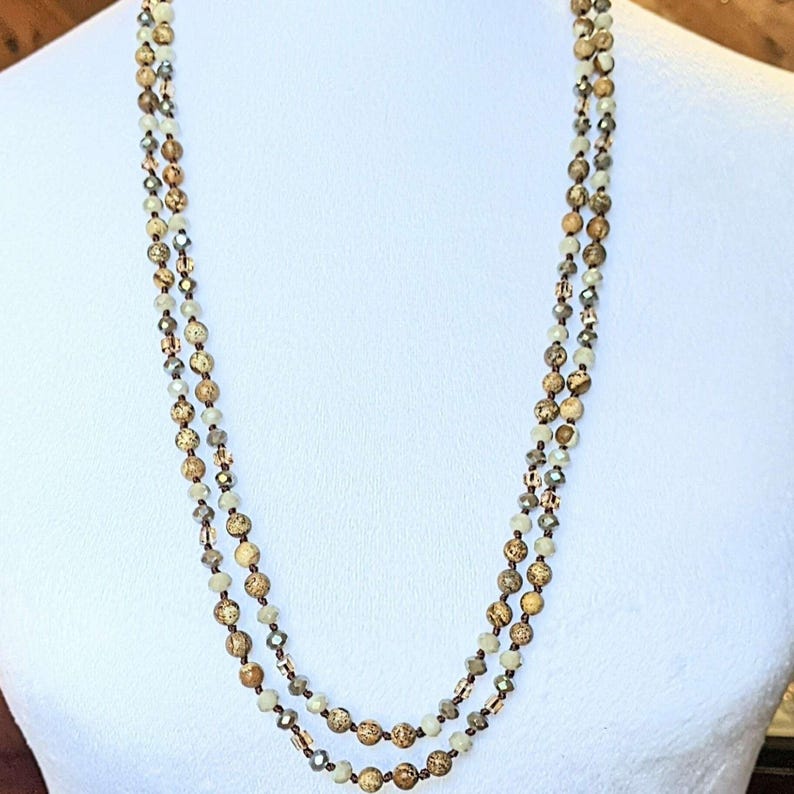 Picture Jasper Semi-Precious Gemstone Necklace - 60 inch - - LadybugfeetDesigns -