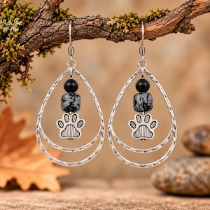 Dog/Cat Paw Black Beaded Hammered Teardrop Hook Earrings, Silver - - LadybugfeetDesigns -