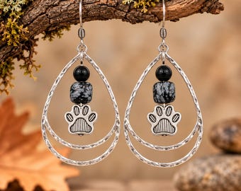 Dog/Cat Paw Black Beaded Hammered Teardrop Hook Earrings, Silver