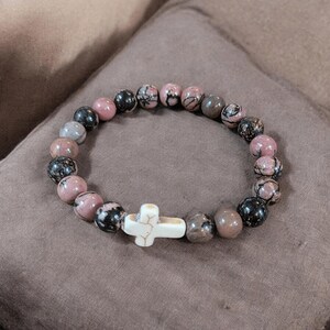Rhodonite Pink Zebra Beaded Cross Stretch bracelet - - LadybugfeetDesigns -