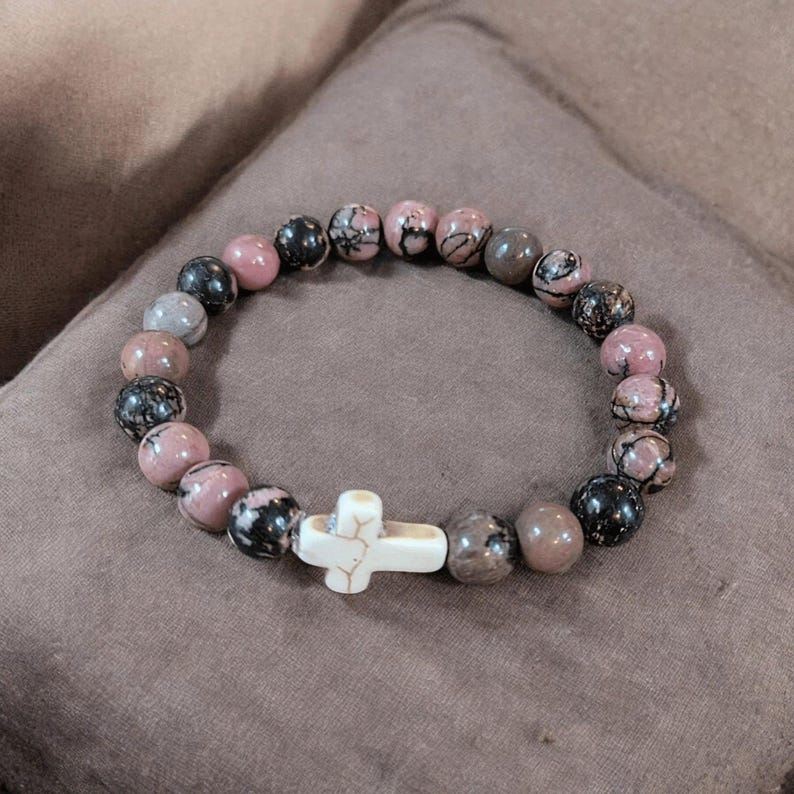 Rhodonite Pink Zebra Beaded Cross Stretch bracelet - - LadybugfeetDesigns -
