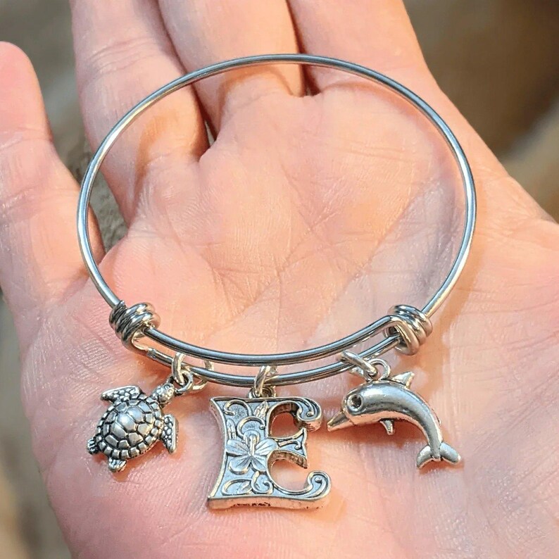 Beach - Dolphin, Sea Turtle, Sea Shell Child's Bangle bracelet - - LadybugfeetDesigns -