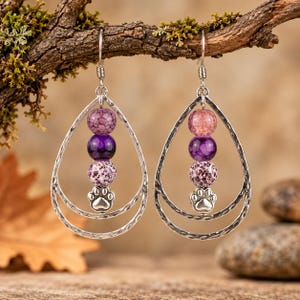Dog/Cat Paw Purple Beaded Hammered Teardrop Hook Earrings, Silver - - LadybugfeetDesigns -