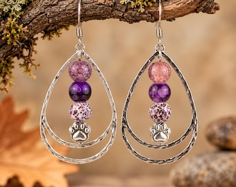 Dog/Cat Paw Purple Beaded Hammered Teardrop Hook Earrings, Silver