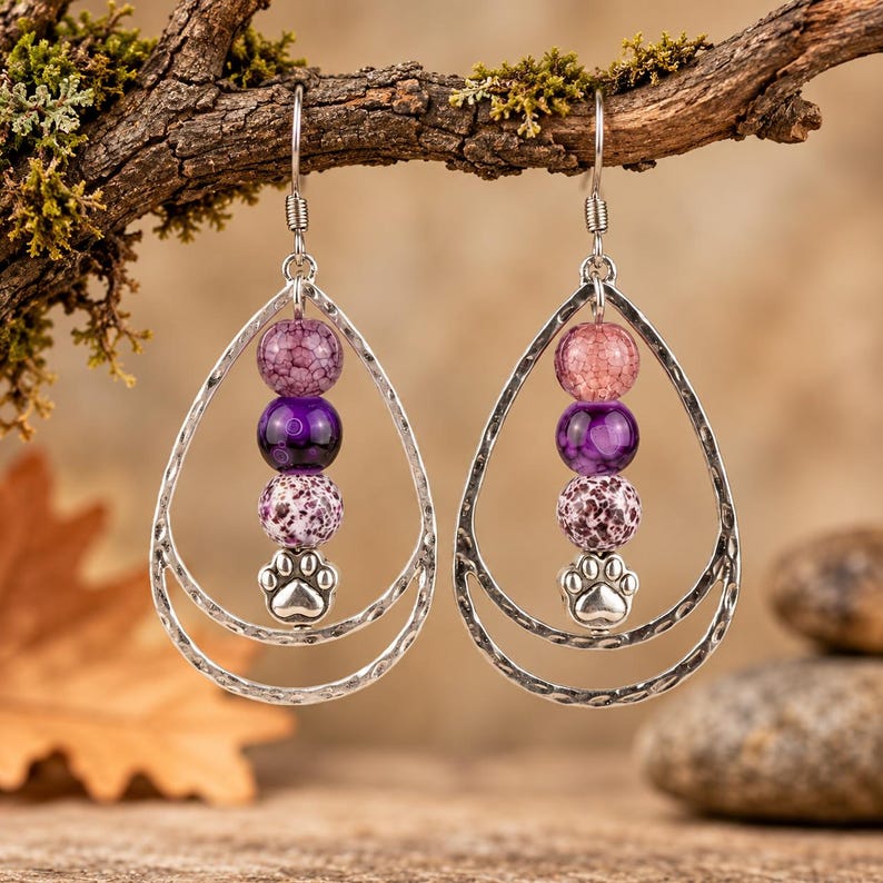 Dog/Cat Paw Purple Beaded Hammered Teardrop Hook Earrings, Silver - - LadybugfeetDesigns -