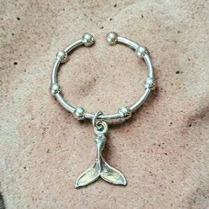 Sterling Silver Whale Tail Adjustable Charm Ring - - LadybugfeetDesigns -