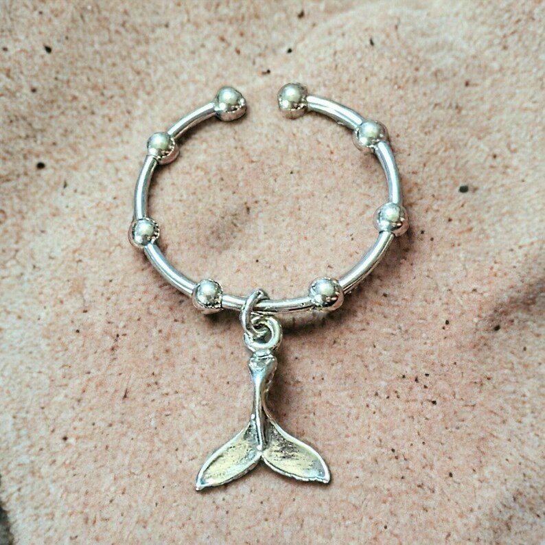 Sterling Silver Whale Tail Adjustable Charm Ring - - LadybugfeetDesigns -