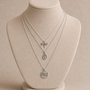 Dragonfly Layered Necklace Set, Silver - - LadybugfeetDesigns -