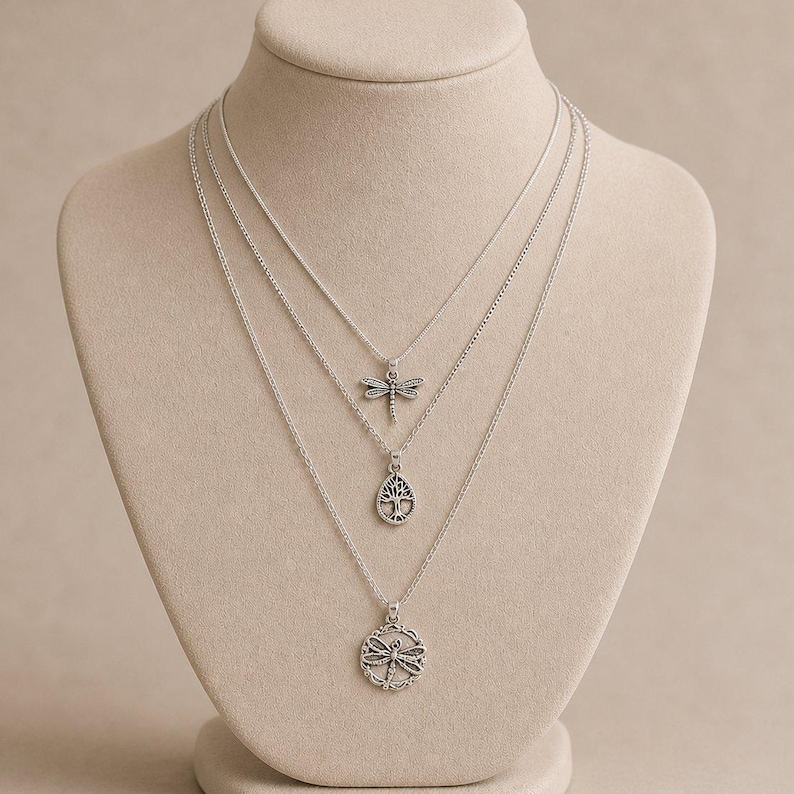 Dragonfly Layered Necklace Set, Silver - - LadybugfeetDesigns -