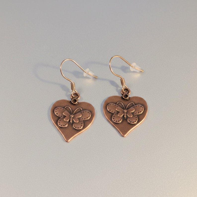 Butterfly Heart dangle earrings, Copper/Rose Gold - - LadybugfeetDesigns -
