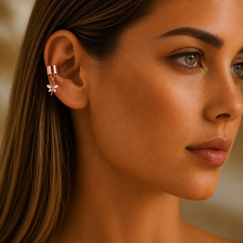 Dragonfly Ear Cuff, Rose-Gold - - LadybugfeetDesigns -