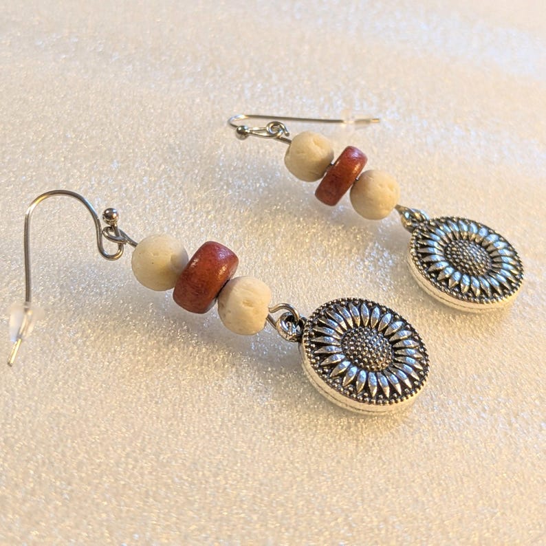 Large Sunflower Beaded Hook Earrings, Silver - - LadybugfeetDesigns -