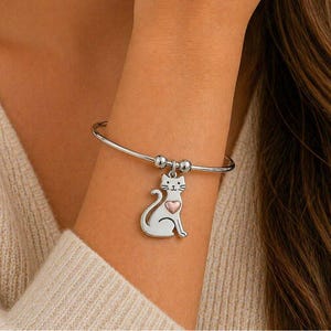 Cute Cat Euro Bangle Cuff, Silver - - LadybugfeetDesigns -