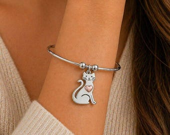 Cute Cat Euro Bangle Cuff, Silver