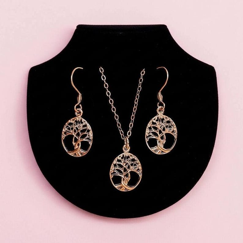 Tree of Life Rose Gold necklace earrings set,18 inch - - LadybugfeetDesigns -