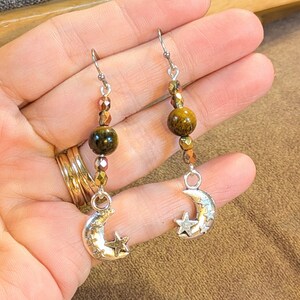 Crescent Moon Tiger's Eye Beaded Hook Earrings, Silver - - LadybugfeetDesigns -