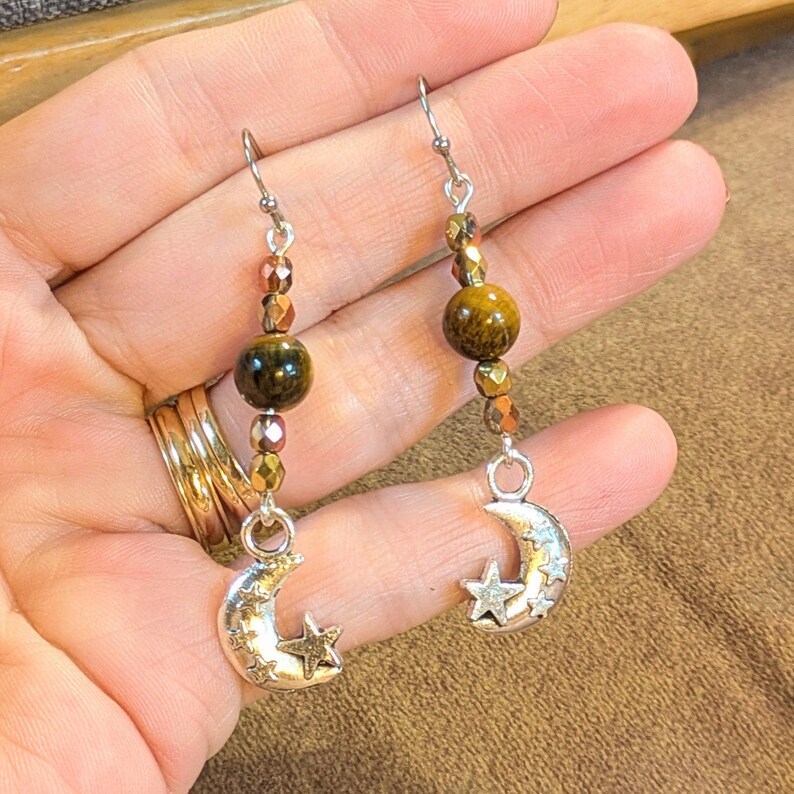 Crescent Moon Tiger's Eye Beaded Hook Earrings, Silver - - LadybugfeetDesigns -