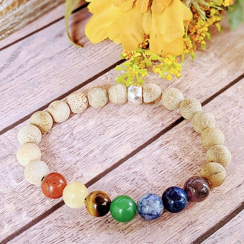 Sandalwood Chakra Bead Diffuser Bracelet, Energy & Balance - - LadybugfeetDesigns -
