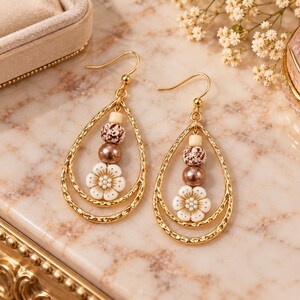 Boho Hammered Teardrop Flower Bead Earrings, Gold - - LadybugfeetDesigns -