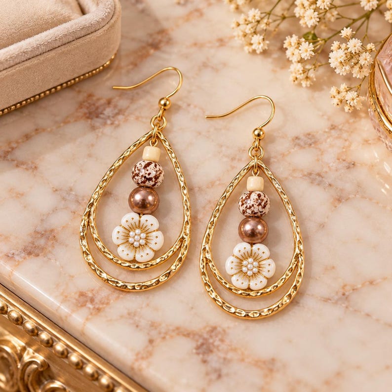 Boho Hammered Teardrop Flower Bead Earrings, Gold - - LadybugfeetDesigns -
