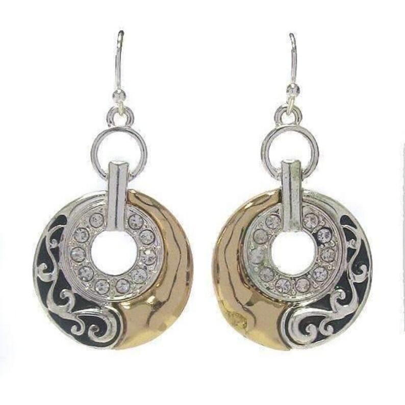 Two Tone Circle Filigree Rhinestone Dangle Earrings - - LadybugfeetDesigns -