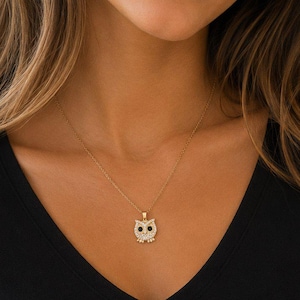 CZ Owl necklace, Gold - 20 inch - - LadybugfeetDesigns -