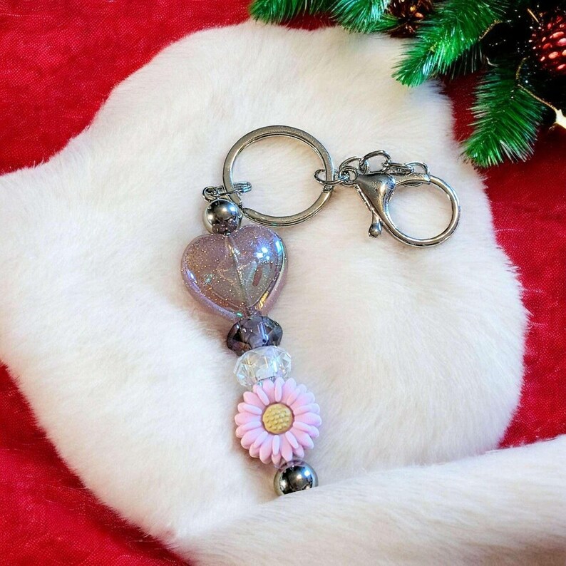 Heart & Flower Crystal Keychain/Purse Clip - - LadybugfeetDesigns -