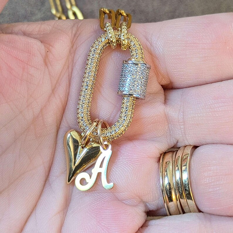 Gold Initial Heart Carabiner Necklace - 20 inch - - LadybugfeetDesigns -