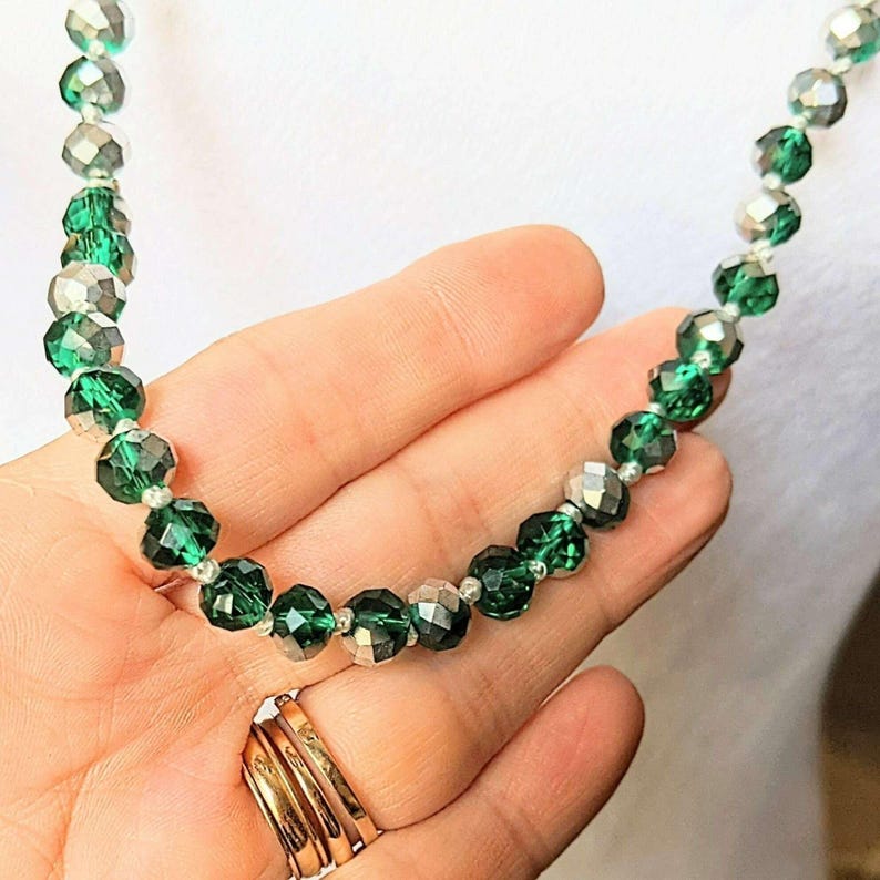 Festive Silver Green Crystal Knotted Necklace -36 inch - - LadybugfeetDesigns -