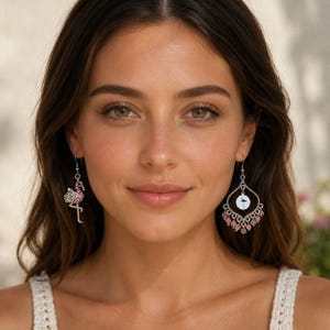 Mismatched Rhinestone Flamingo hook earrings - - LadybugfeetDesigns -