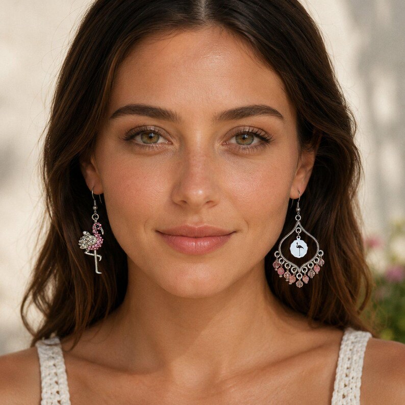Mismatched Rhinestone Flamingo hook earrings - - LadybugfeetDesigns -