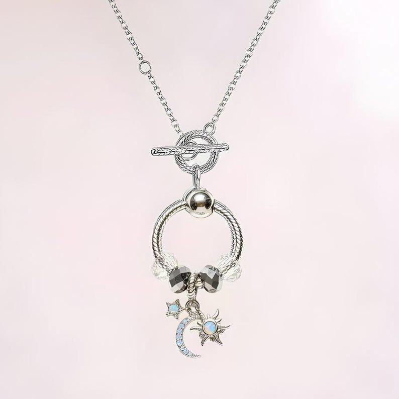 Moon Sun Star Sterling Silver Toggle Charm Necklace, 20 inches - - LadybugfeetDesigns -