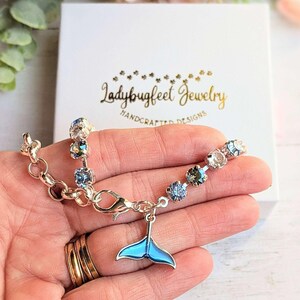 Whale/Dolphin Tail Faceted Crystal Bracelet, Silver - - LadybugfeetDesigns -