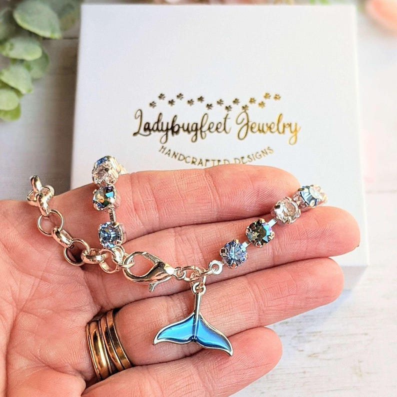 Whale/Dolphin Tail Faceted Crystal Bracelet, Silver - - LadybugfeetDesigns -